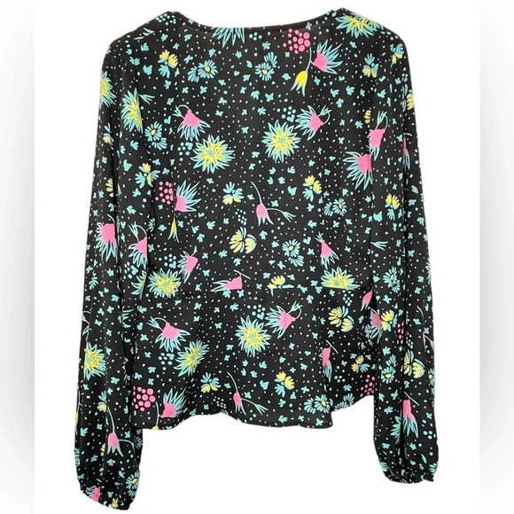 Rokoko Peplum Top Black Floral Button Up Size Medium Boho Long Sleeve Colorful - Picture 3 of 6
